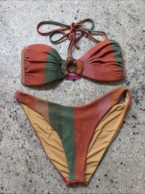 Beach Riot Bikini Sparkle Stripe Yasmin Metallic Two Piece Swimsuit Large Small